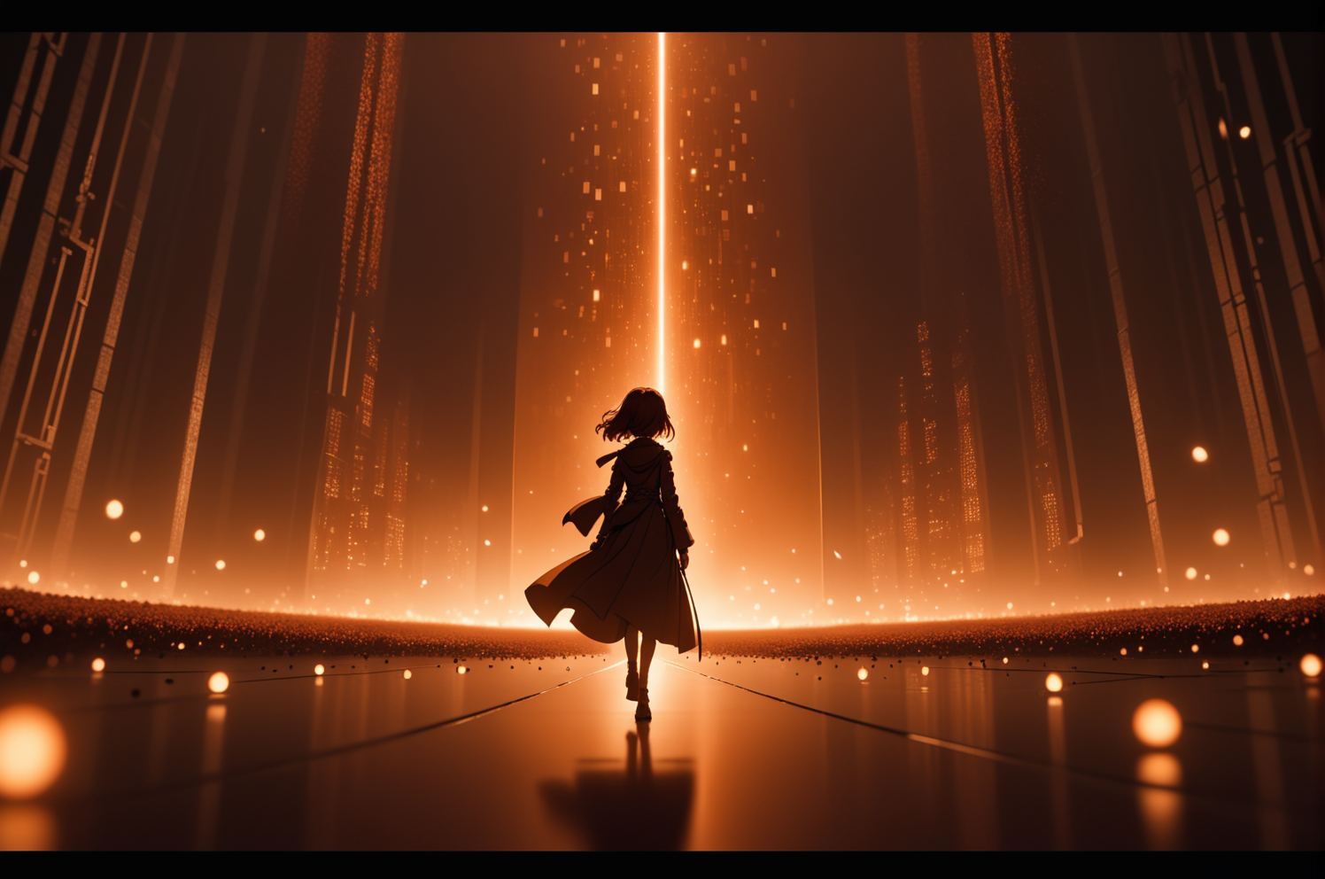 anime opening, (1girl), solo, Enchanted Realms aesthetic in Burnt sienna theme atmosphere, (wallpaper style), matrix, movi...